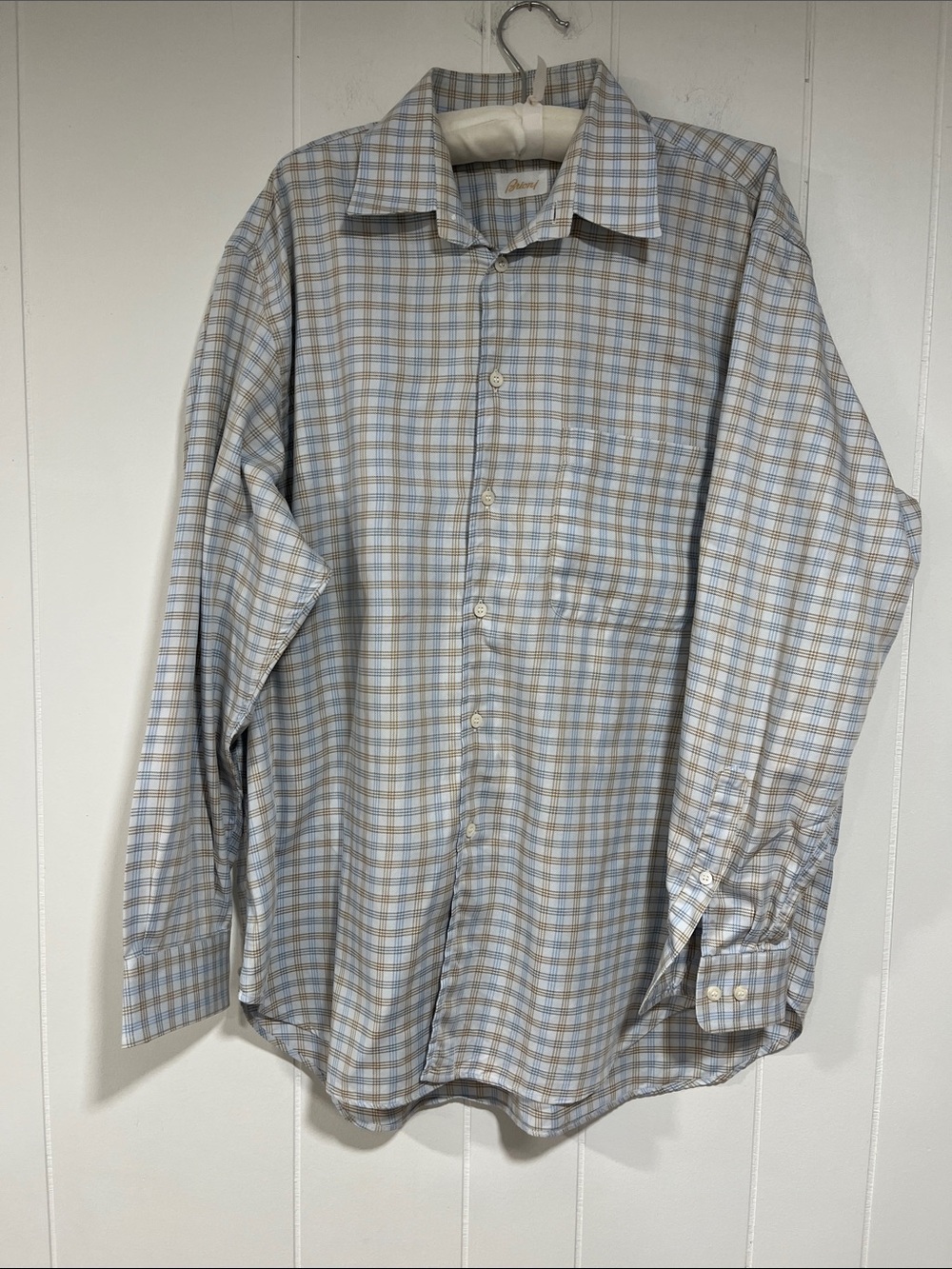 Brioni Light Blue and Tan Plaid Men's Dress Shirt cotton